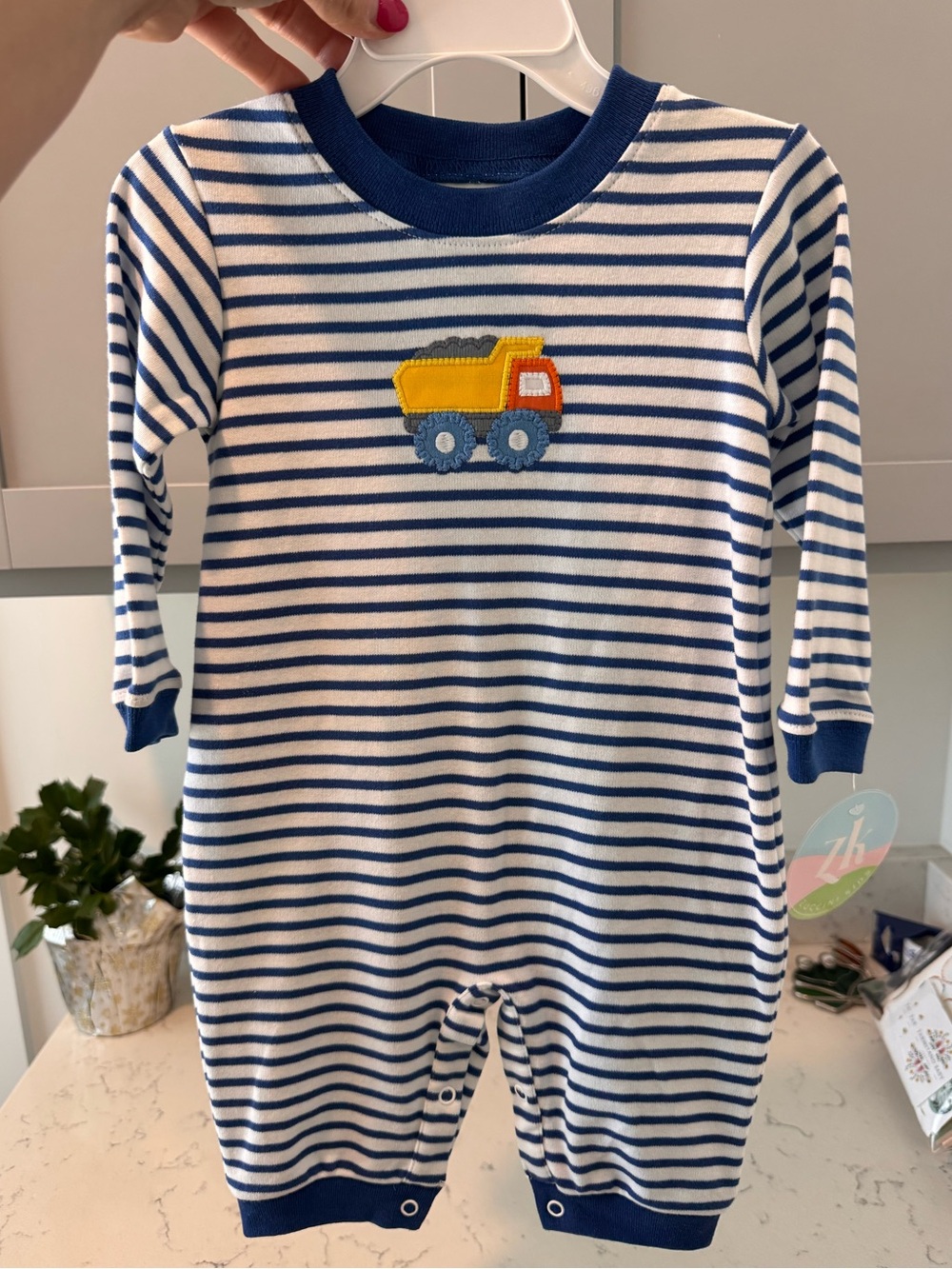 Striped Blue & White Kids One-Piece with Yellow Truck Patch